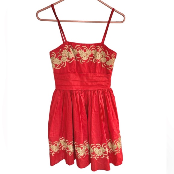 Anthropologie- Girls From Savoy- Embroidered Full Skirt Dress in Red Size 2 - Picture 1 of 4